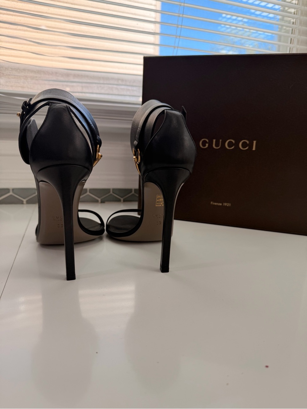 Gucci Black Leather High-Heel Ankle-Cuff Sandals with Gold Buckle - Picture 8 of 14